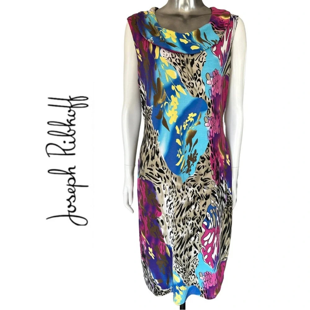 Joseph  Ribkoff Sleeveless Animal Print Cowl Neck Lined Sheath Dress Size 12